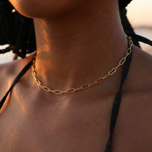 Gold paperclip chain necklace on a person with a blurred background