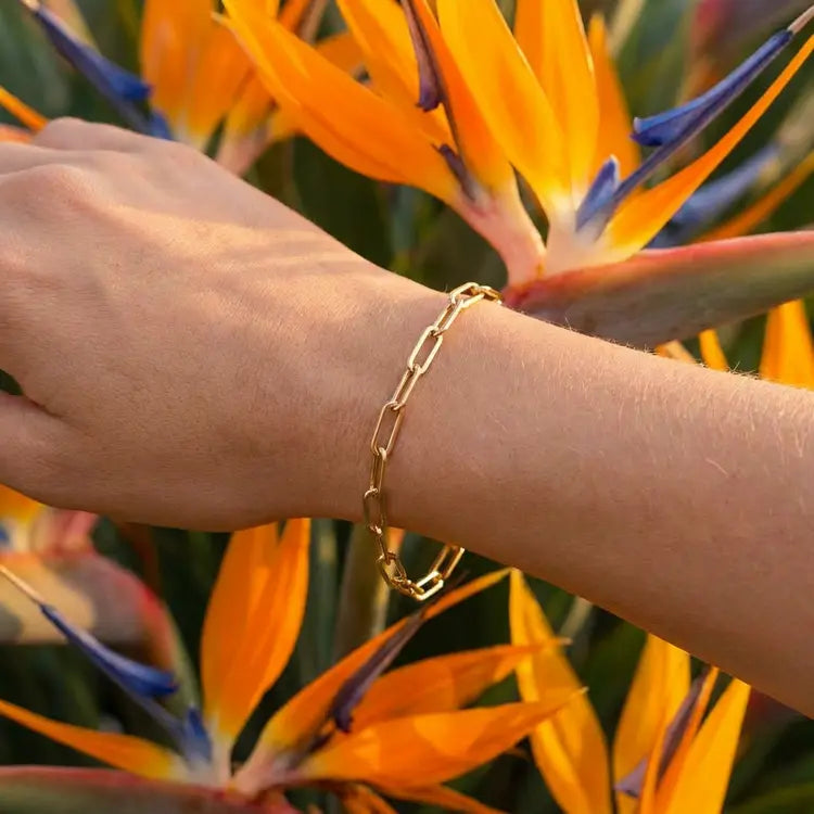 Gold paperclip bracelet on a wrist with a background of bird of paradise flowers