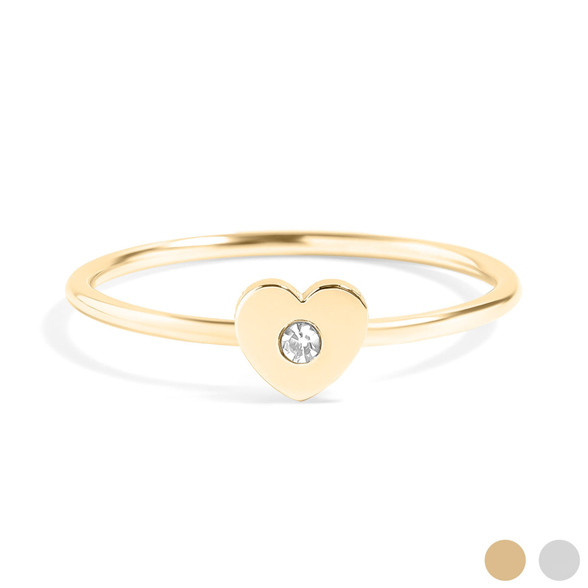 Gold heart-shaped ring with a diamond on a white background