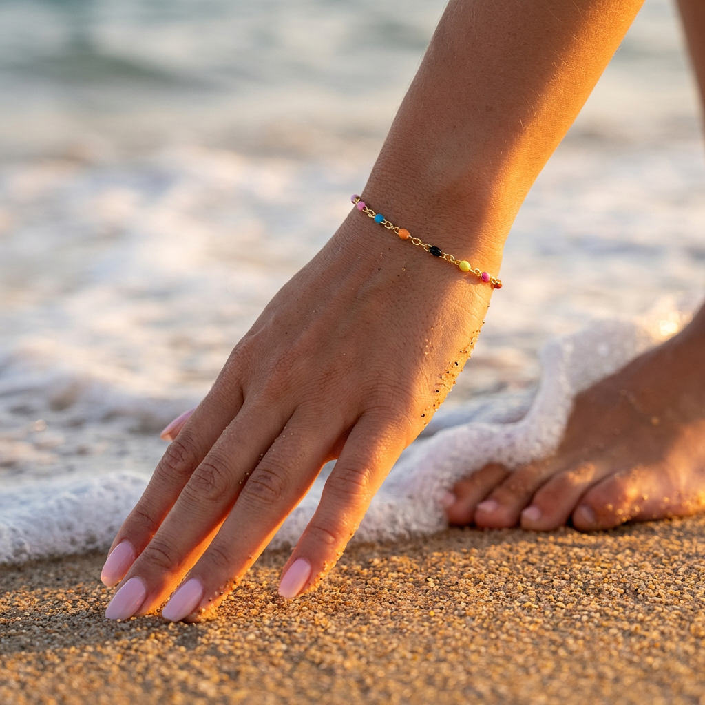 Hand with a gold and colorful beaded bracelet on a beach