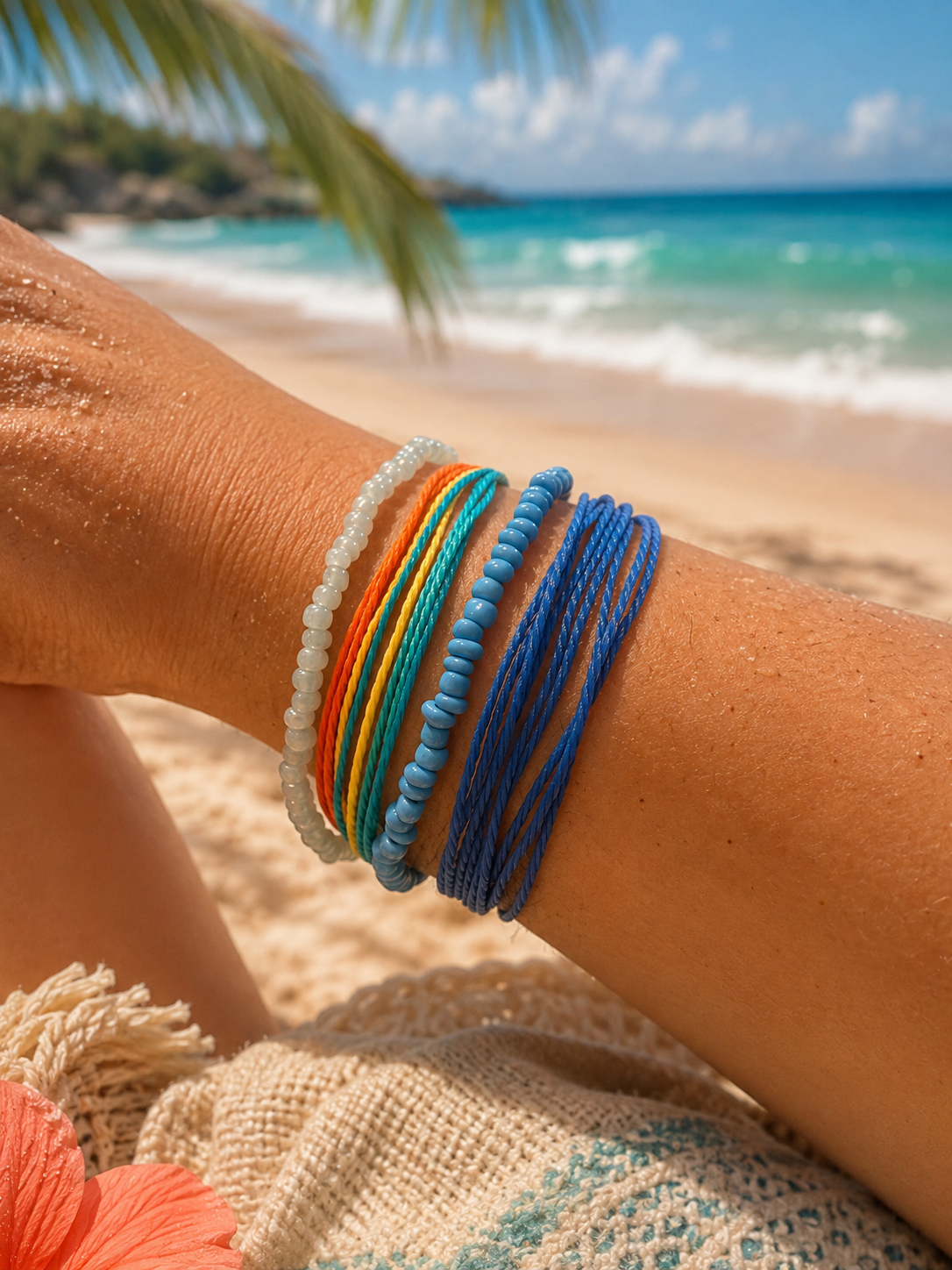 A close-up of a person's wrist wearing a stack of colorful beaded bracelets on a sandy beach with turquoise ocean water and palm leaves in the background.