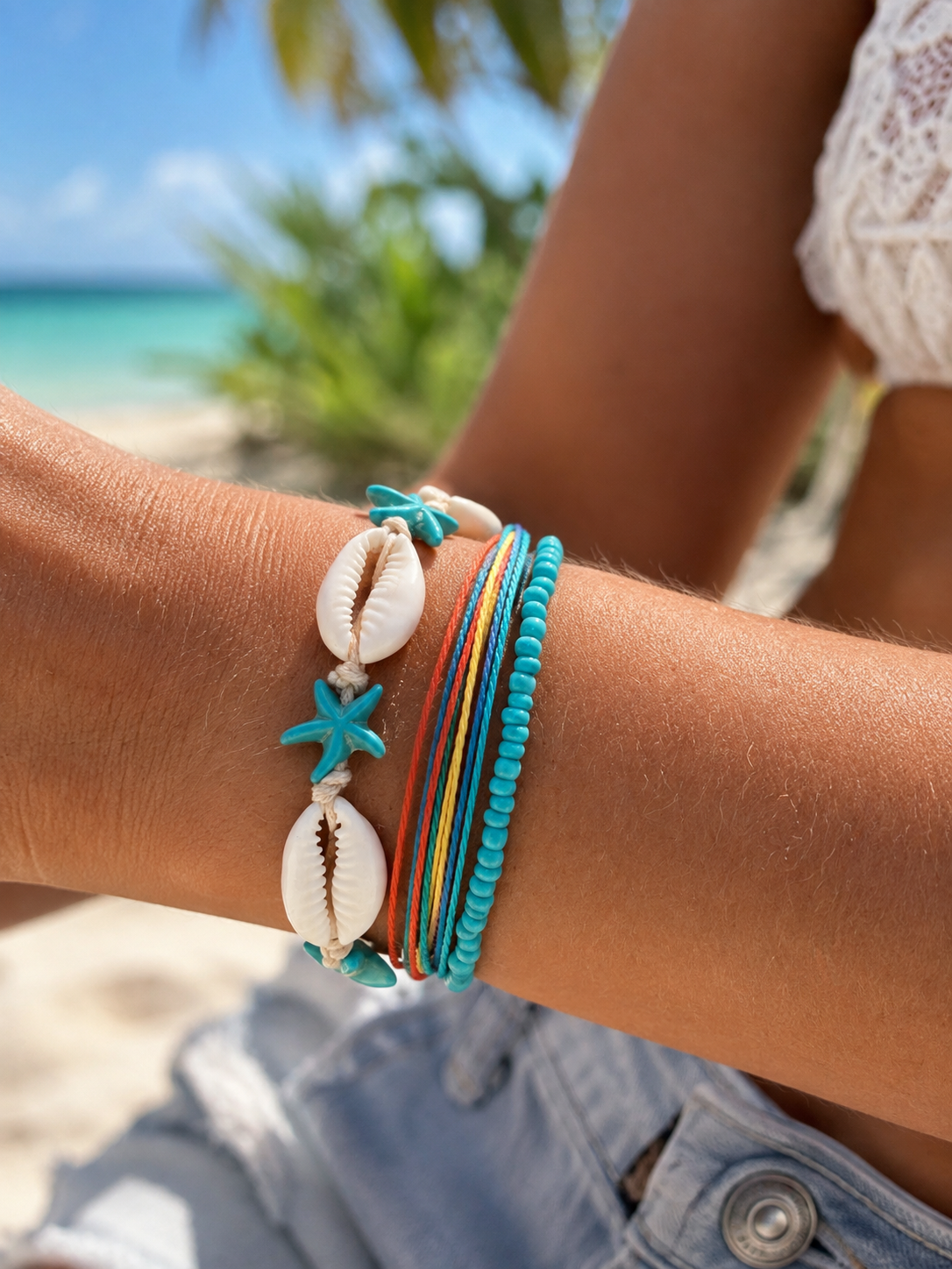 A close-up of a person's wrist wearing a stack of bohemian-style bracelets, including cowrie shells, turquoise starfish, and colorful braided cords, with a beach and ocean blurred in the background.