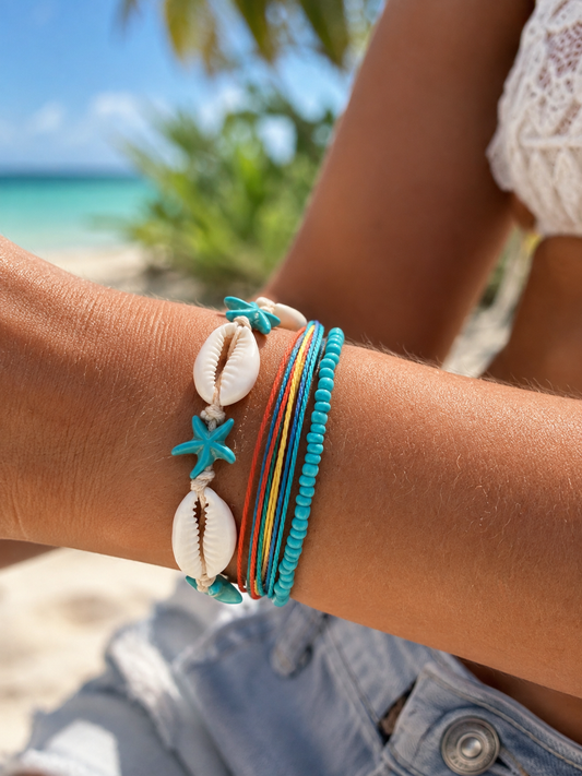 A close-up of a person's wrist wearing a stack of bohemian-style bracelets, including cowrie shells, turquoise starfish, and colorful braided cords, with a beach and ocean blurred in the background.
