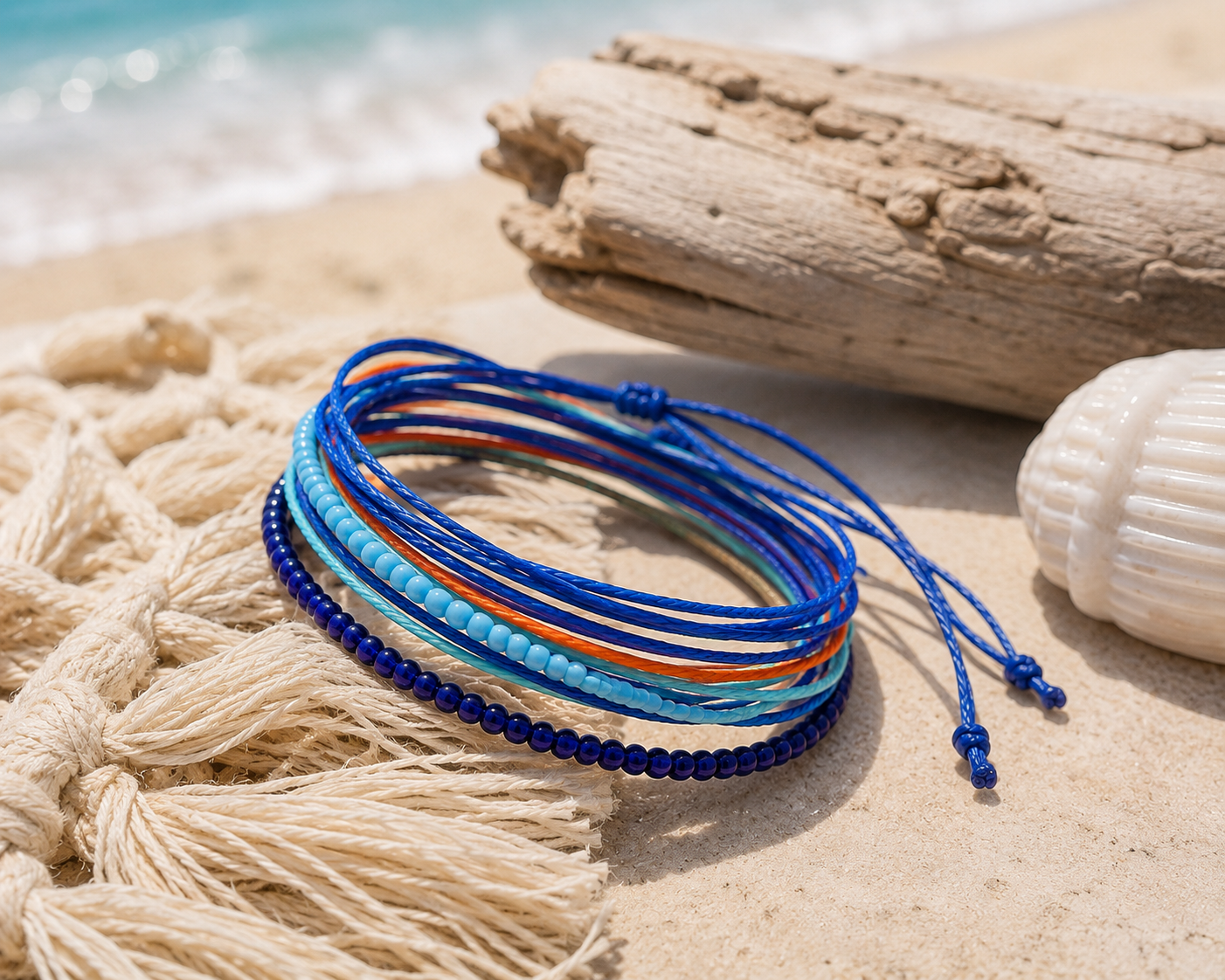 A stack of multi-strand bracelets, including blue cord bracelets, a light blue beaded bracelet, and a dark blue beaded bracelet, displayed on a sandy beach next to a macrame tassel, a seashell, and driftwood.