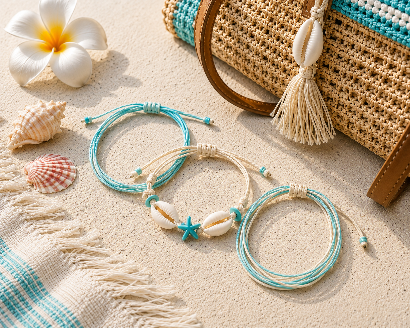 Three beaded multi-strand bracelets with seashell and starfish accents are arranged on a sandy beach-style surface alongside seashells, a frangipani flower, a woven bag, and a striped textile.
