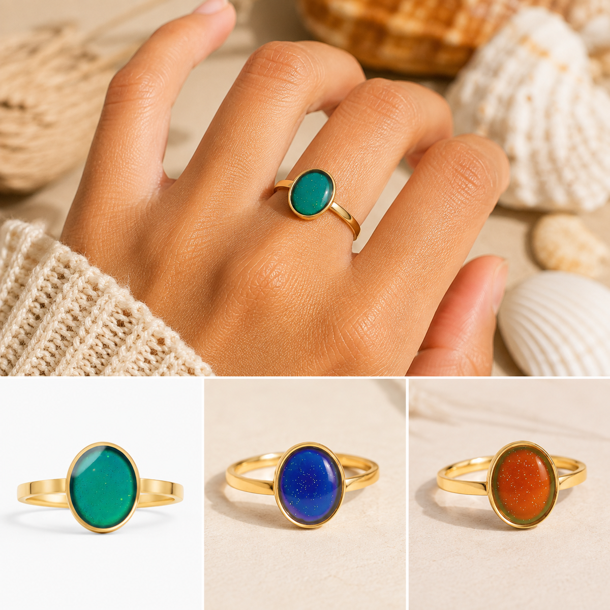 A collage showing a gold ring with oval cabochon stones in green, blue, and orange, worn on a hand and presented individually on a clean background.