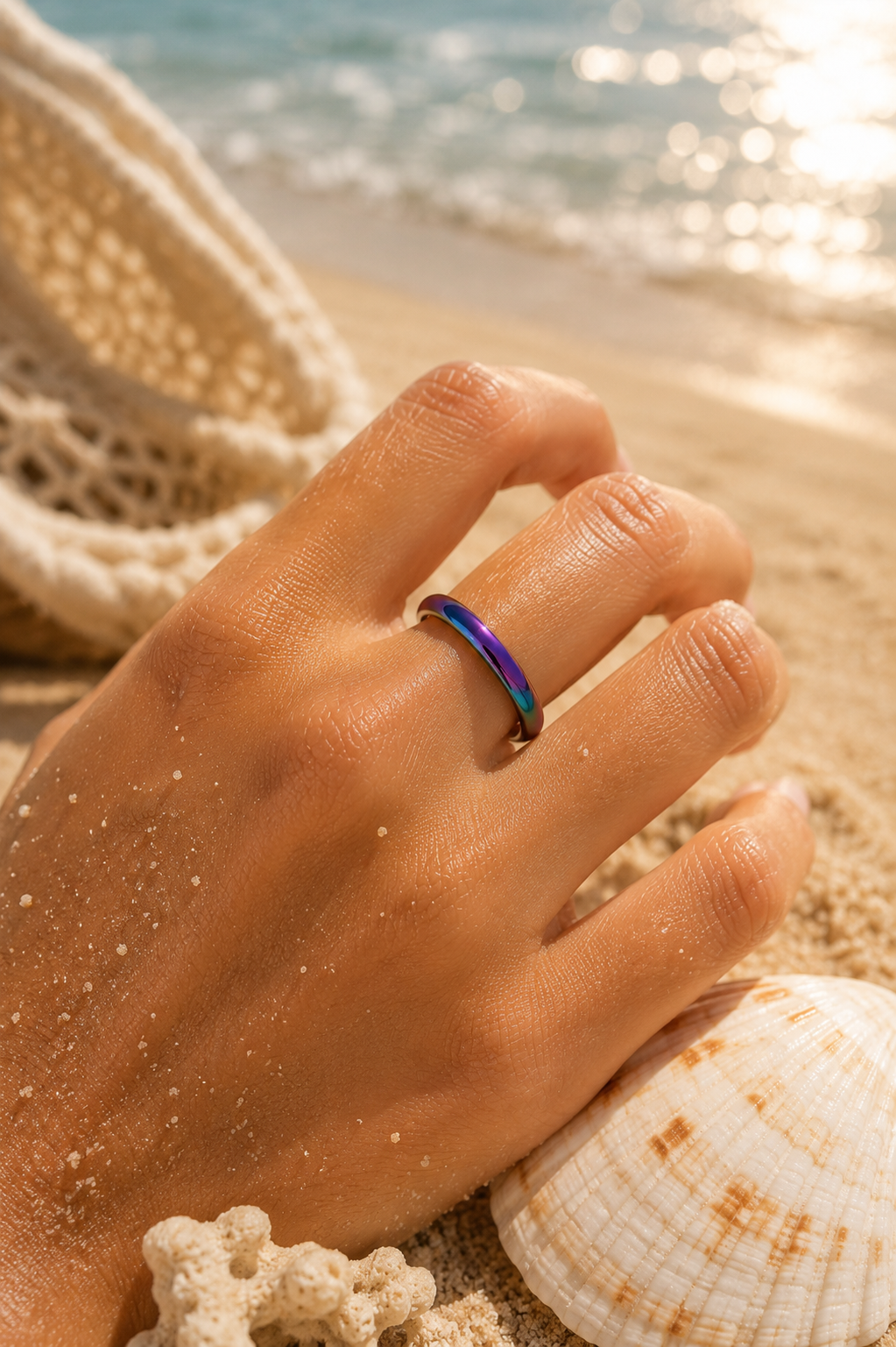 A close-up of a hand resting on a sandy beach, wearing a slim metallic ring with a vibrant rainbow iridescent finish. A seashell, a woven hat, and the ocean waves are softly blurred in the background.