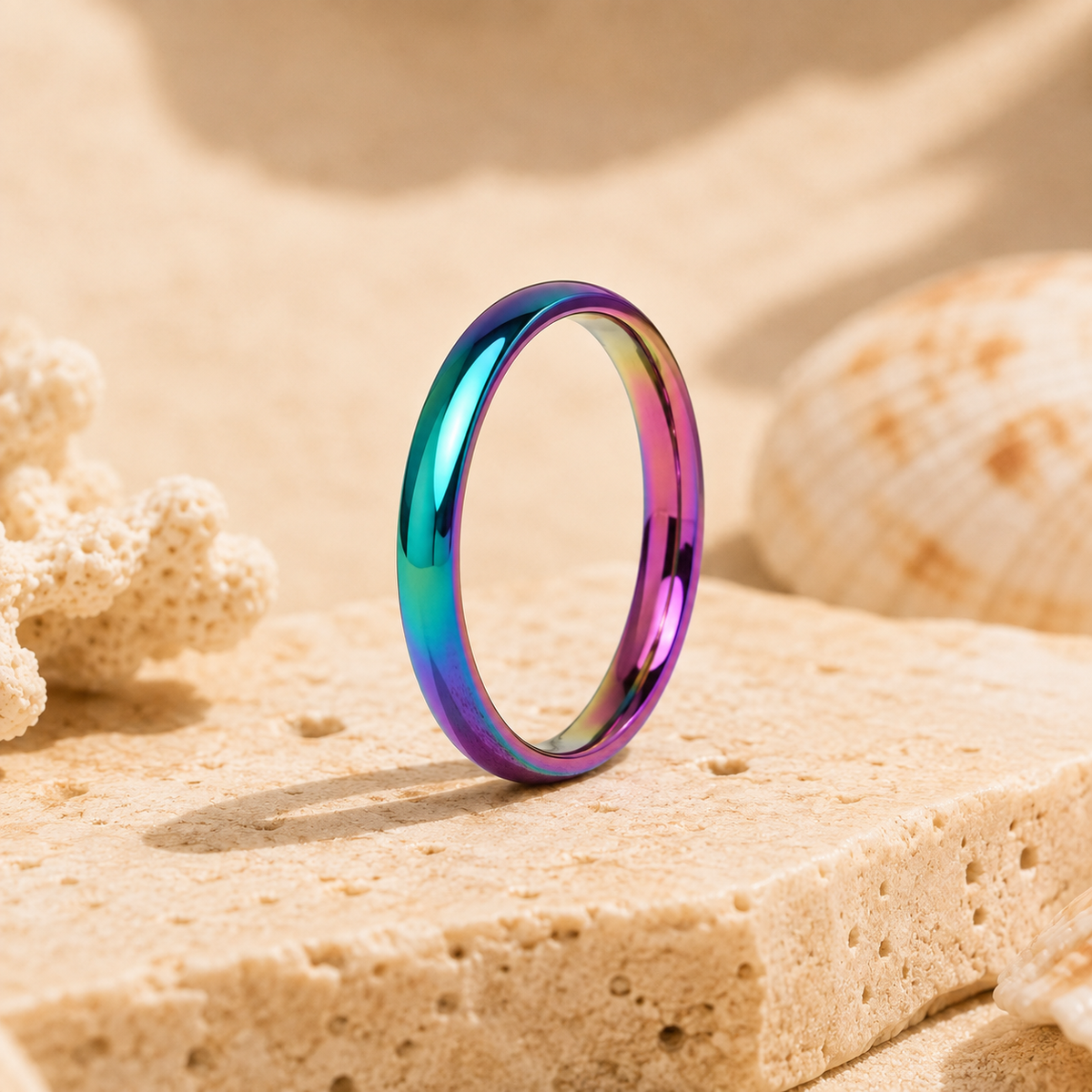 An iridescent rainbow ring standing upright on a sandy surface with seashells and coral in the background.