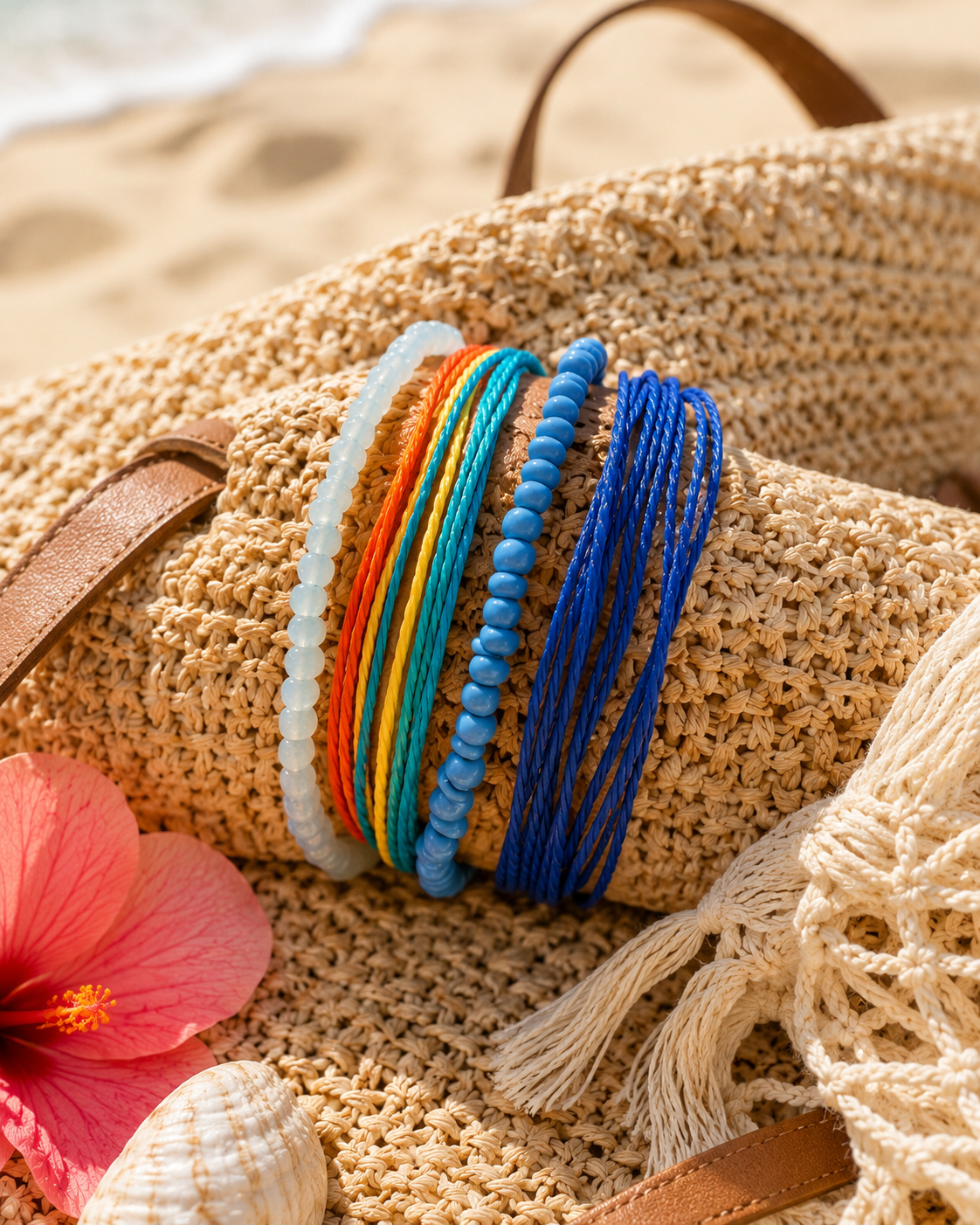 A set of colorful beaded and cord bracelets displayed on a woven straw hat at the beach, with a pink hibiscus flower and seashell nearby.