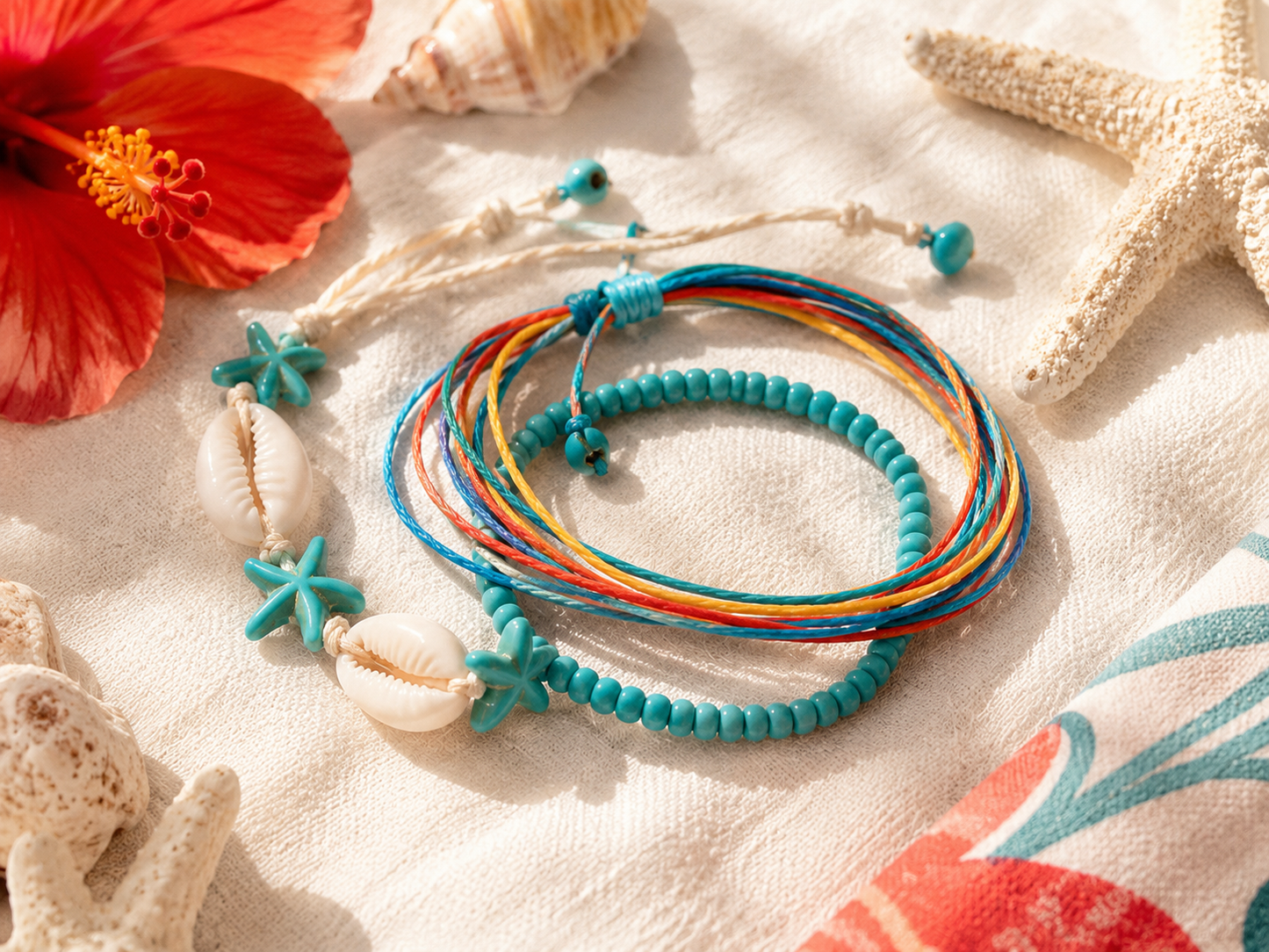 A set of bohemian-style beaded bracelets and necklaces with turquoise beads, starfish charms, and colorful braided cords, styled on a beach-themed fabric background with starfish and shells.