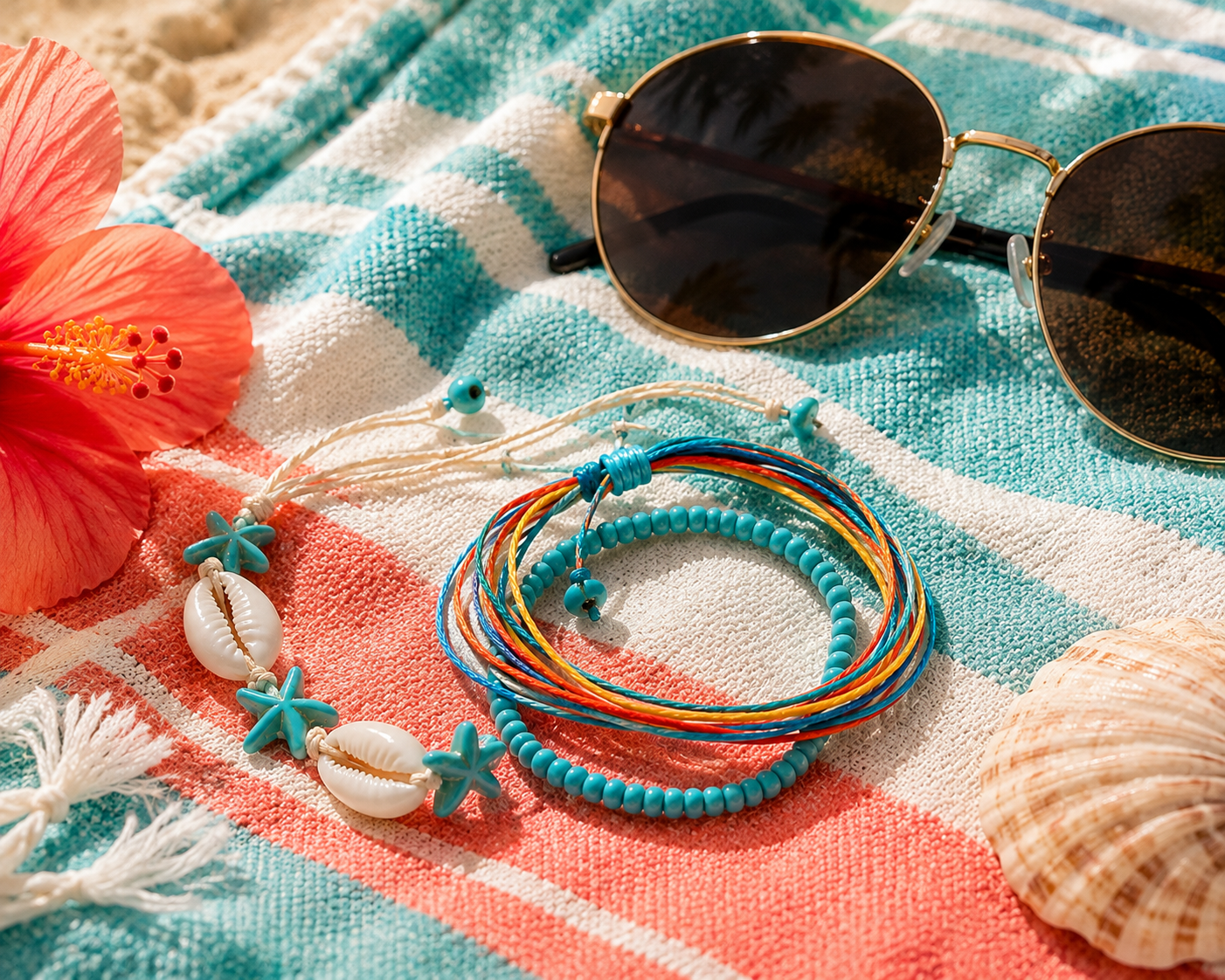 A styled beach-themed flat lay featuring a set of bohemian bracelets, including turquoise bead strands, starfish charms, and cowrie shells, arranged on a striped blue, white, and coral beach towel alongside sunglasses, a hibiscus flower, and seashells.