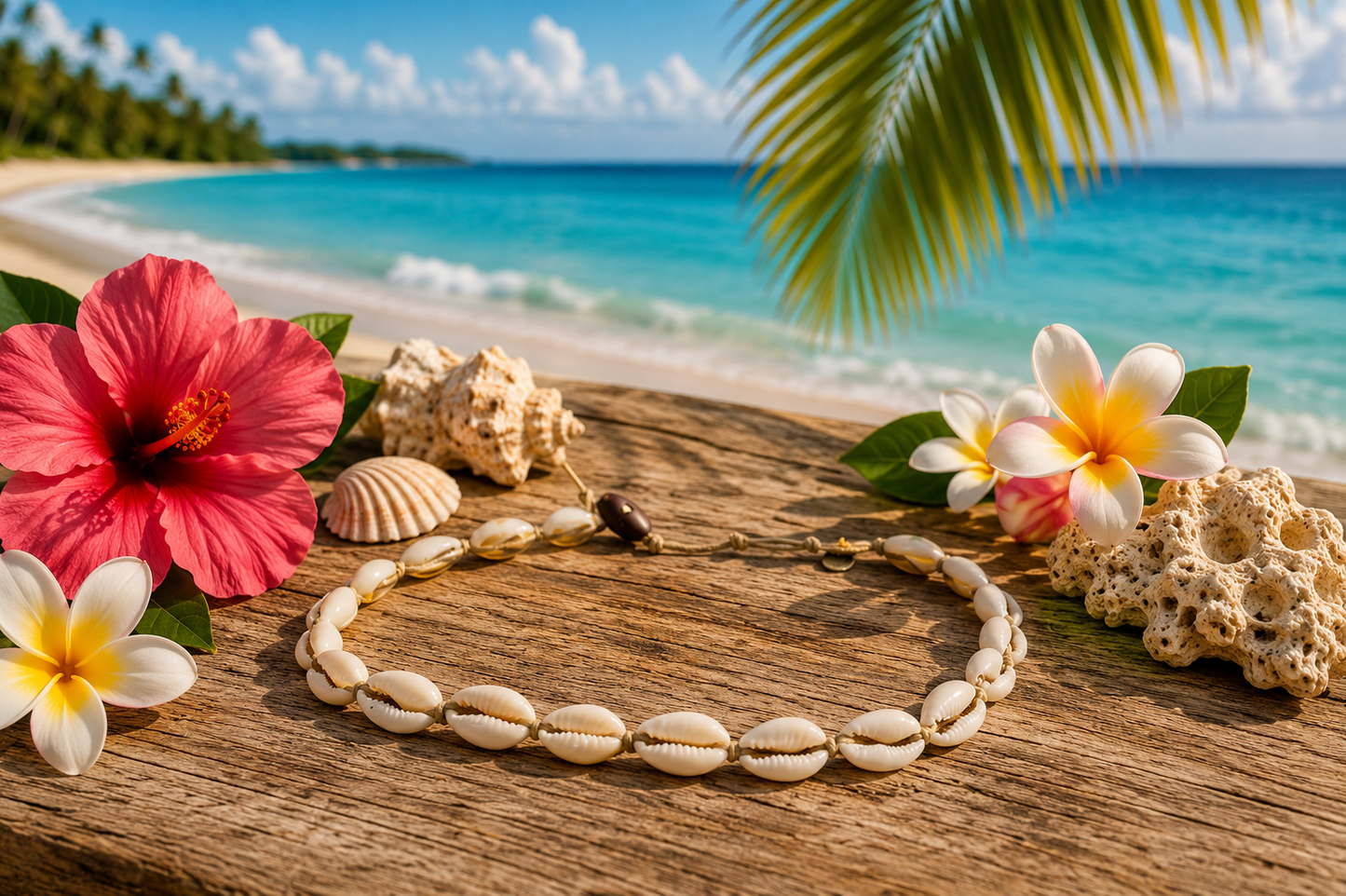 A shell-bead bracelet arranged on a wooden surface with tropical beach scenery in the background, including turquoise ocean water, palm leaves, seashells, coral, and hibiscus flowers.