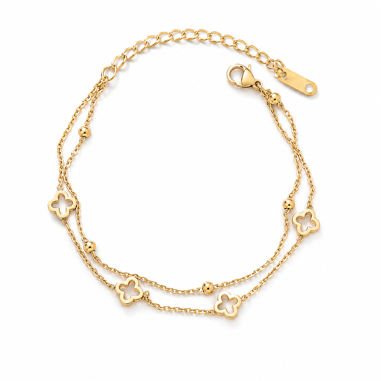 A gold double-layer chain bracelet featuring five small openwork four-leaf clover motifs and small bead accents, displayed on a clean white background.