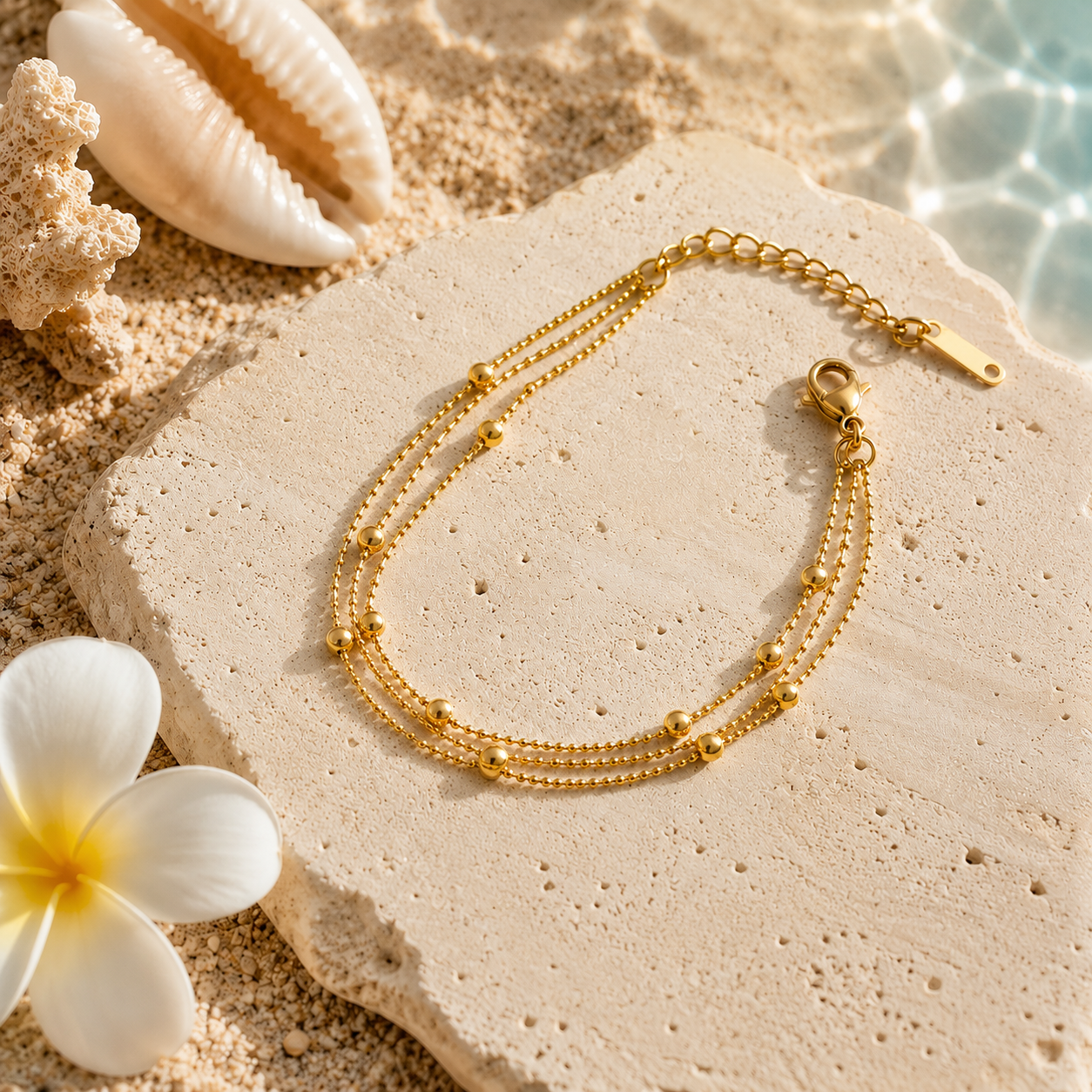 A gold-toned triple-strand beaded bracelet arranged on a textured stone slab with sand, seashells, and a white flower around it.