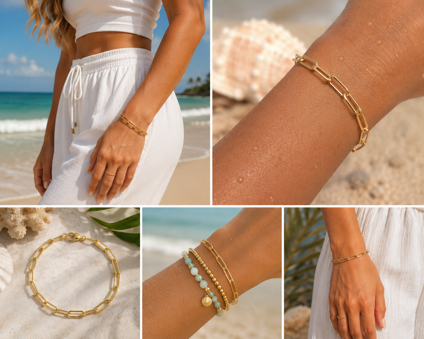 A collage of four lifestyle and product shots showing a gold chain bracelet worn on a wrist and displayed on a beach and sand. The bracelet features a signature elongated link design with a small gold charm.