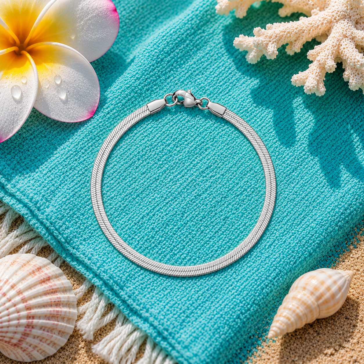 A silver-toned herringbone chain bracelet with a lobster clasp, styled on a turquoise towel with seashells, a coral piece, and a plumeria flower.