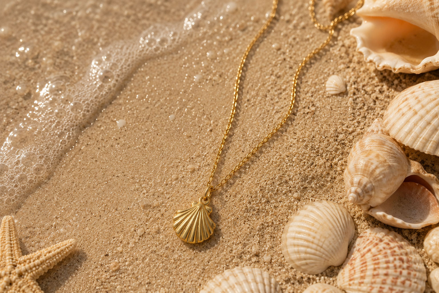 Seashell necklace lying in the sand near a shoreline surrounded by seashells.