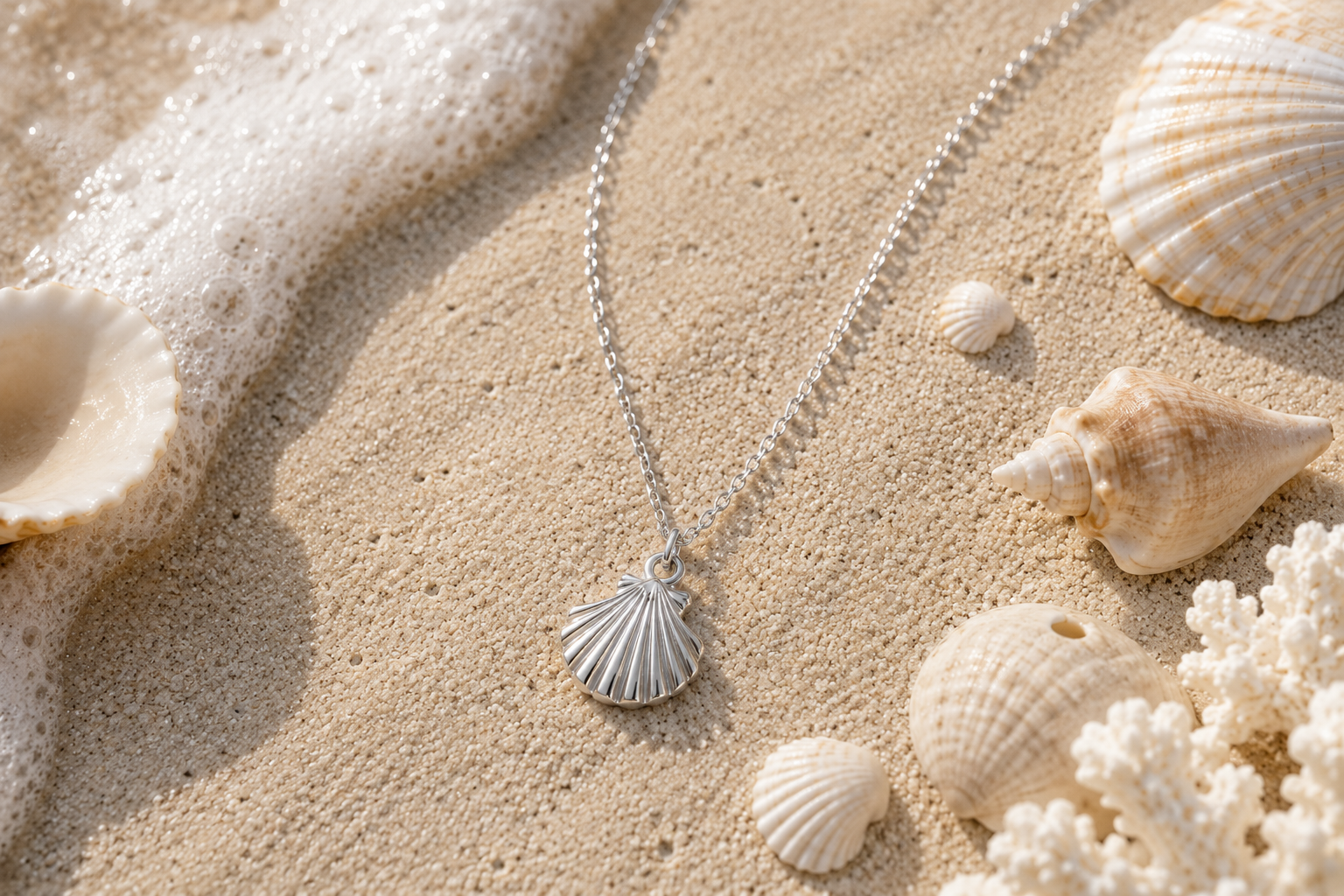Silver chain with seashell pendant lying in the sand near foamy shoreline surrounded by seashells.