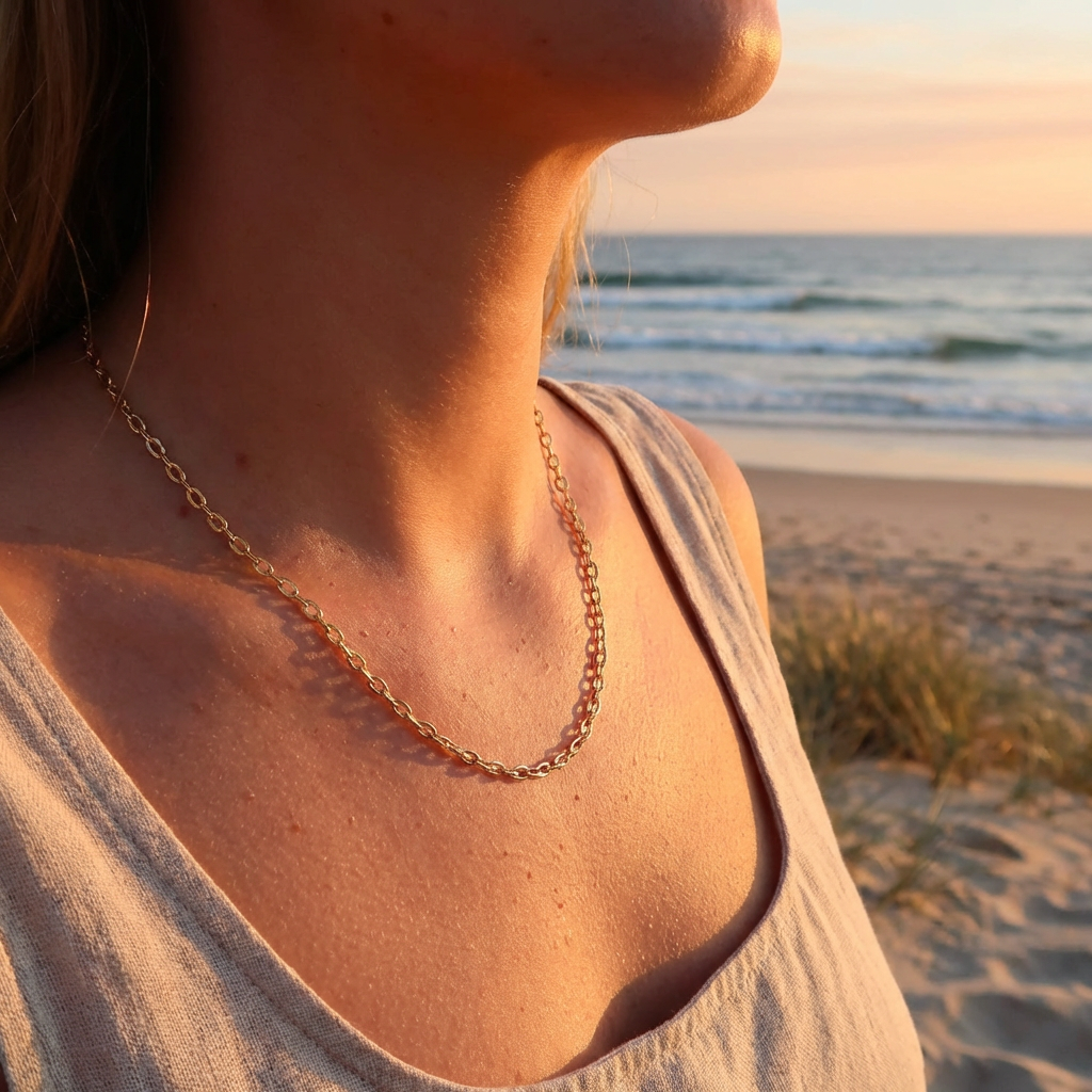 Person on a beach at sunset wearing a gold chain necklace