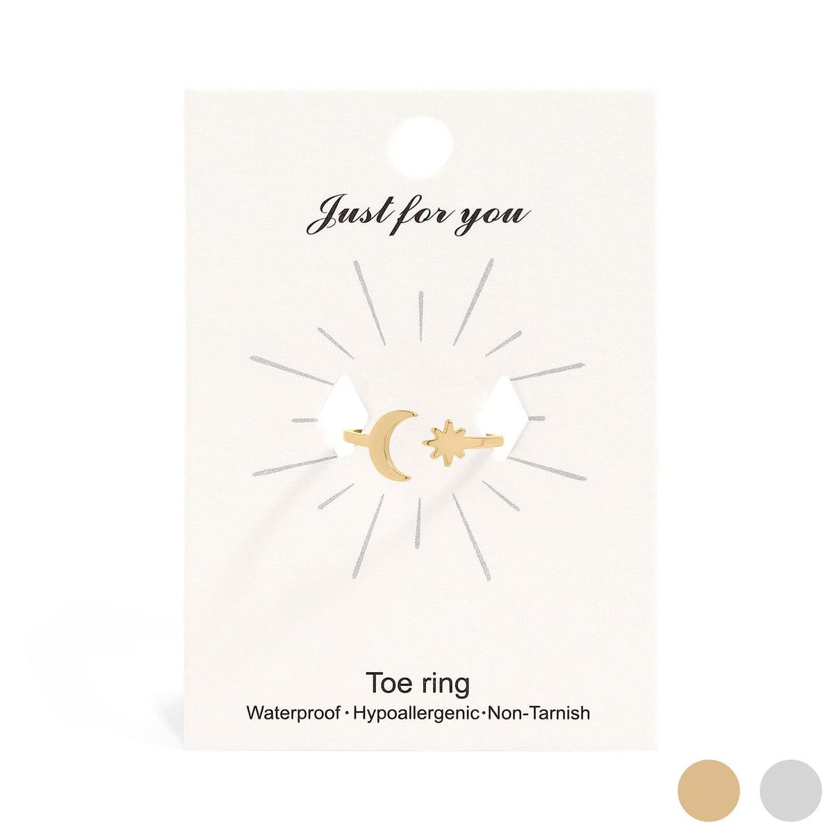 Gold moon and star  toe ring on a white card with decorative elements