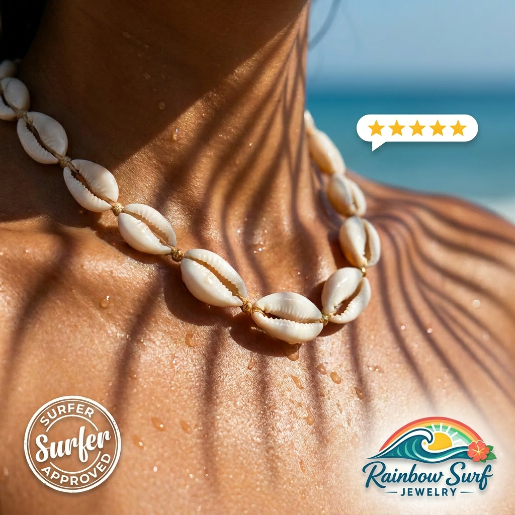 A close-up of a person's neck and shoulders wearing a shell bead necklace made of cream-colored cowrie shells. The background shows a blurred beach scene with blue water and shadows from palm leaves.