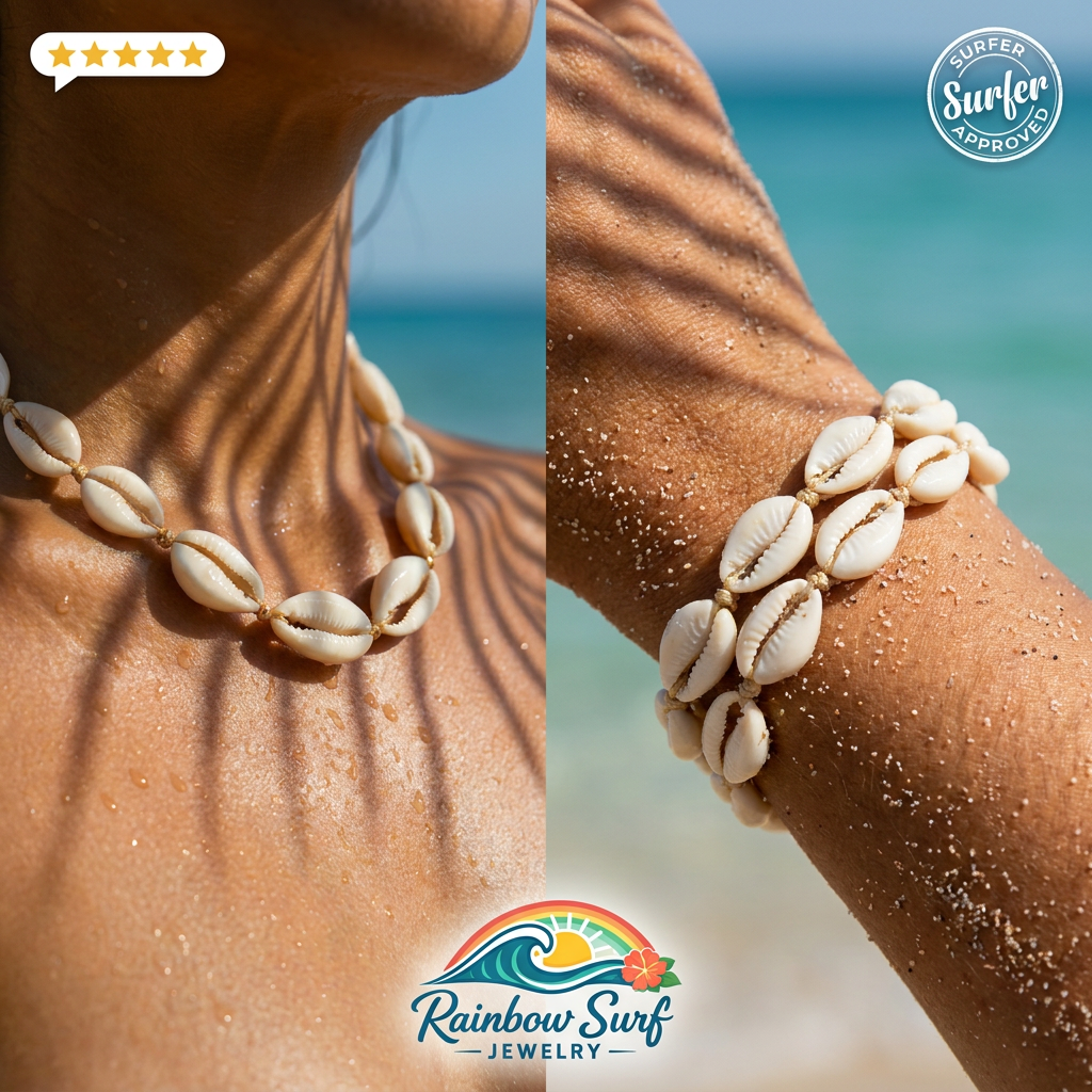 A split-screen lifestyle image showing a shell-bead jewelry set worn on a beach. The left panel shows a matching shell necklace on a model's neck, and the right panel shows a matching shell bracelet on a model's wrist.