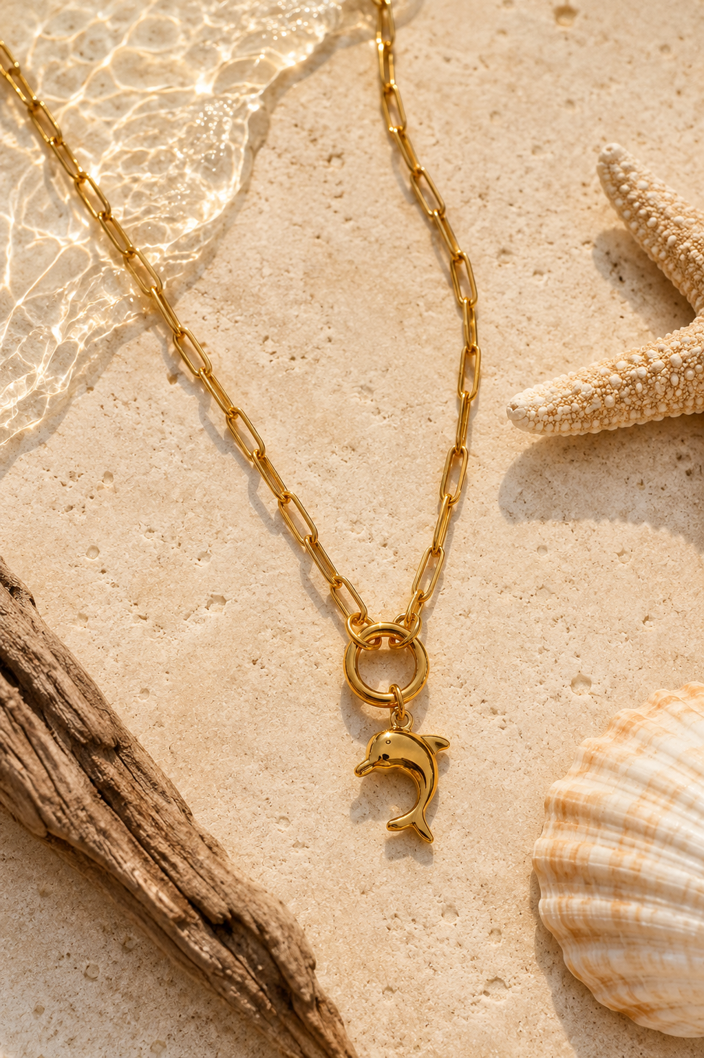 Gold paperclip chain lying next to shoreline with drift wood and seashells.