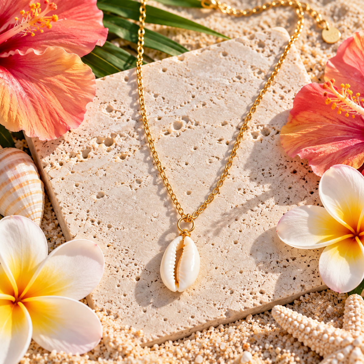 A gold chain necklace with a cowrie shell pendant, styled on a stone tile with tropical flowers, starfish, and sand.