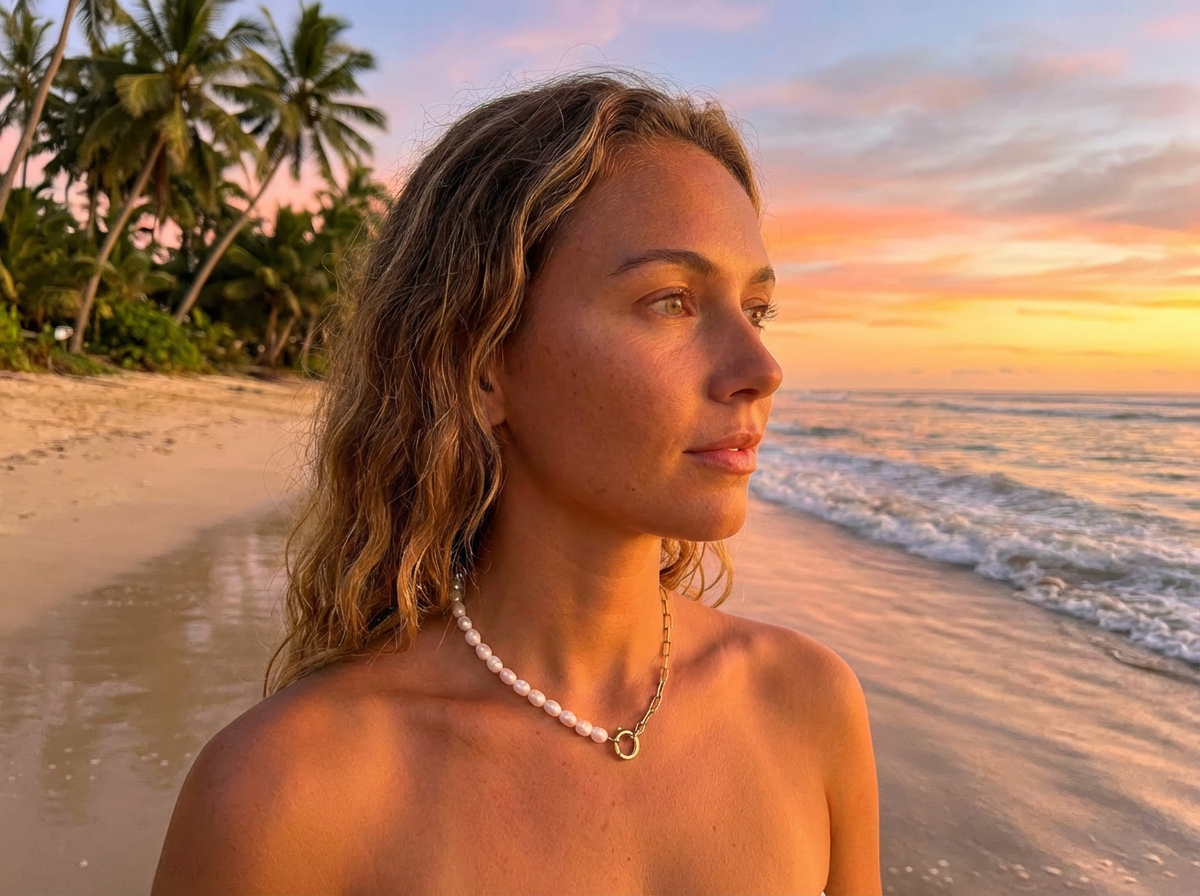 Woman on a beach at sunset with palm trees in the background