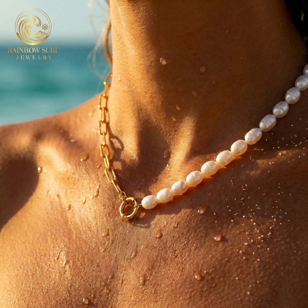 Pearl necklace on a person with a blurred ocean background, featuring Rainbow Sun Jewelry logo.