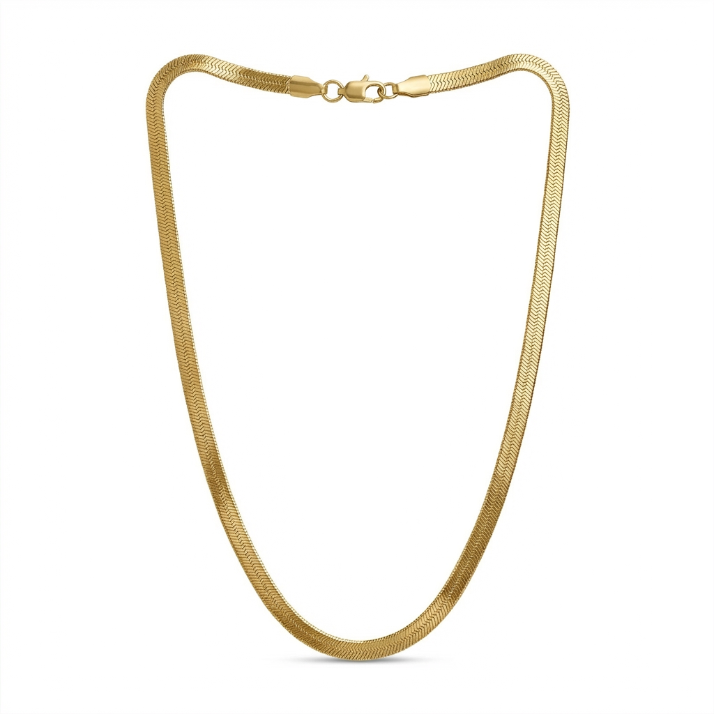 Gold thick herringbone necklace on a white background