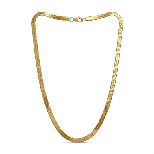 Gold thick herringbone necklace on a white background