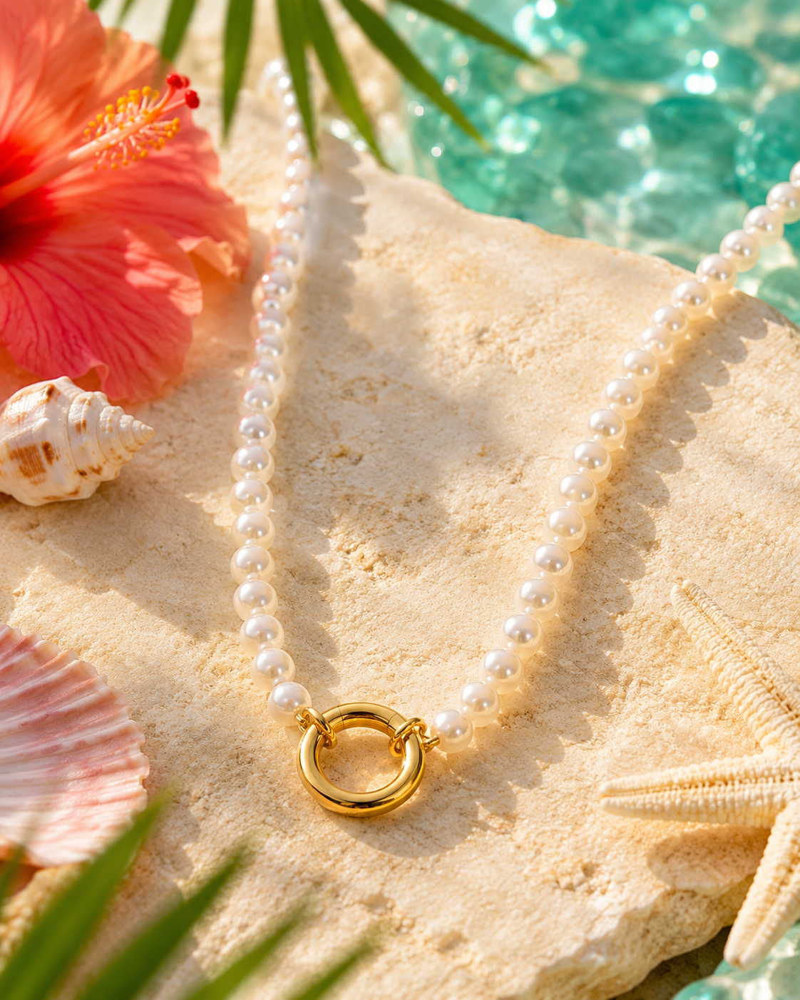 A white pearl necklace with a gold ring clasp, styled on a sandy surface with tropical flowers, seashells, and turquoise water in the background.