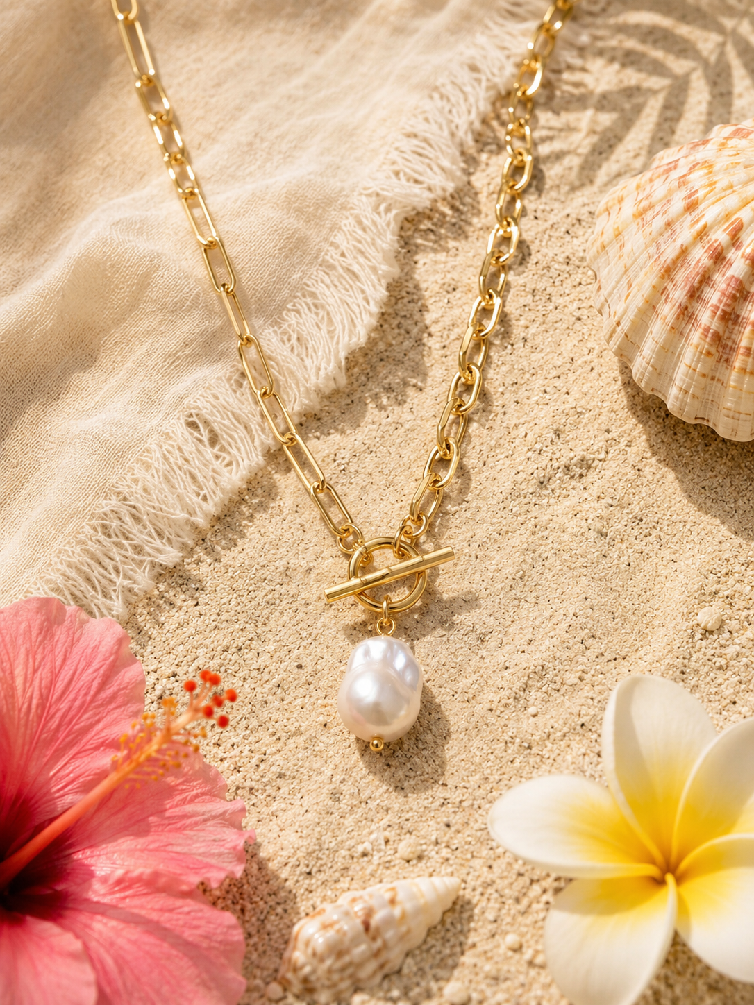 A gold chain necklace with a toggle clasp and a single baroque pearl pendant, styled on a sandy beach background with seashells, a pink hibiscus flower, and a white plumeria flower.