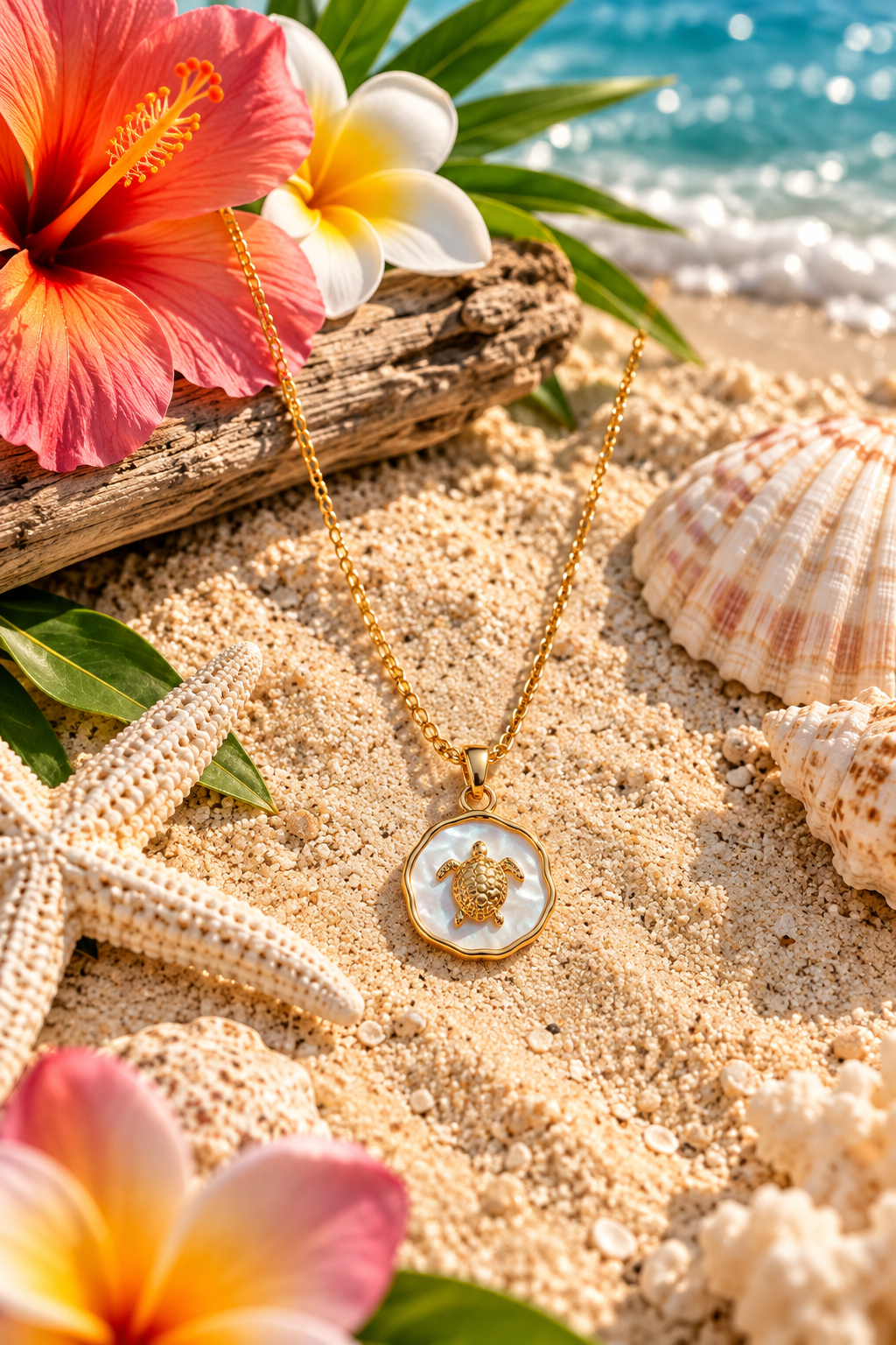A gold necklace with a round pendant featuring a mother-of-pearl sea turtle design, styled on a sandy beach with tropical flowers, a starfish, seashells, and the ocean in the background.