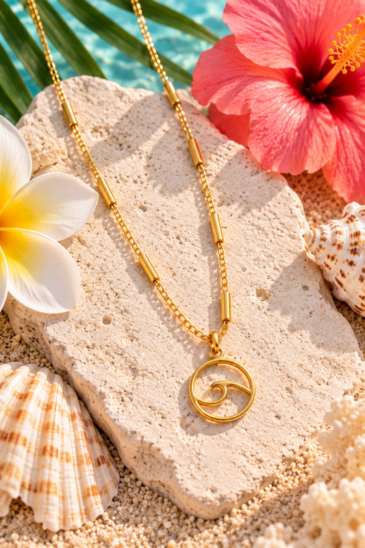 A gold necklace with an ocean wave pendant is styled on a stone slab in a beach setting, surrounded by seashells, sand, tropical flowers, and palm leaves.