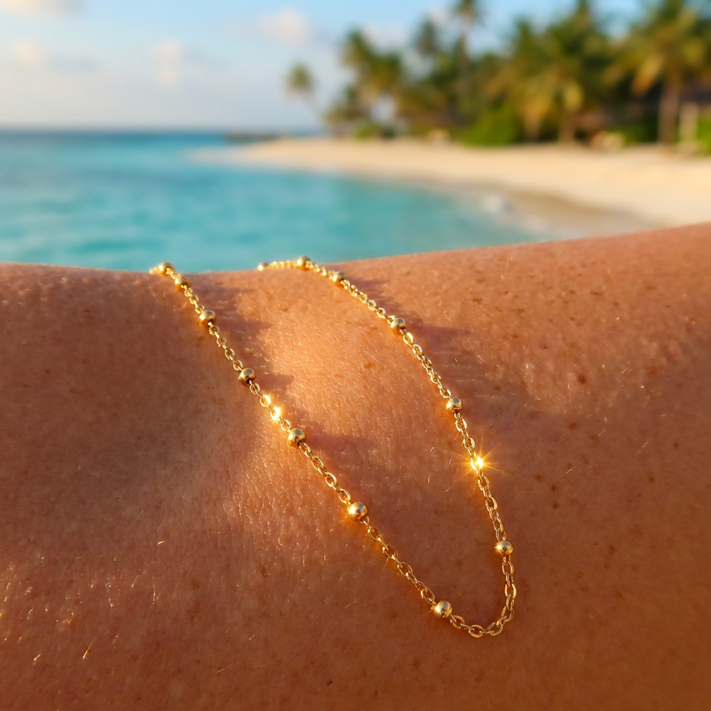 Gold chain necklace on a person's arm with a beach in the background