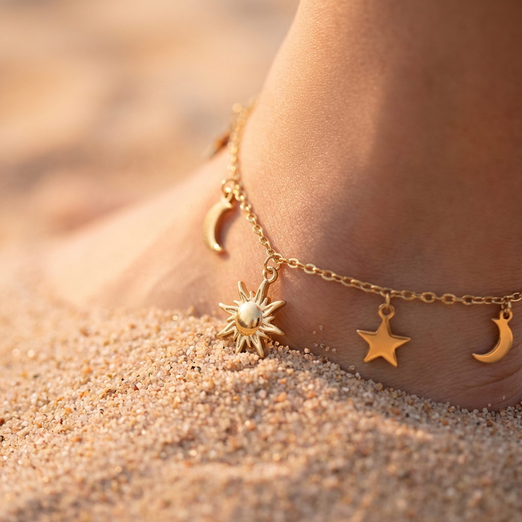 Close up of a gold anklet with sun, star, and moon charms on a sandy background