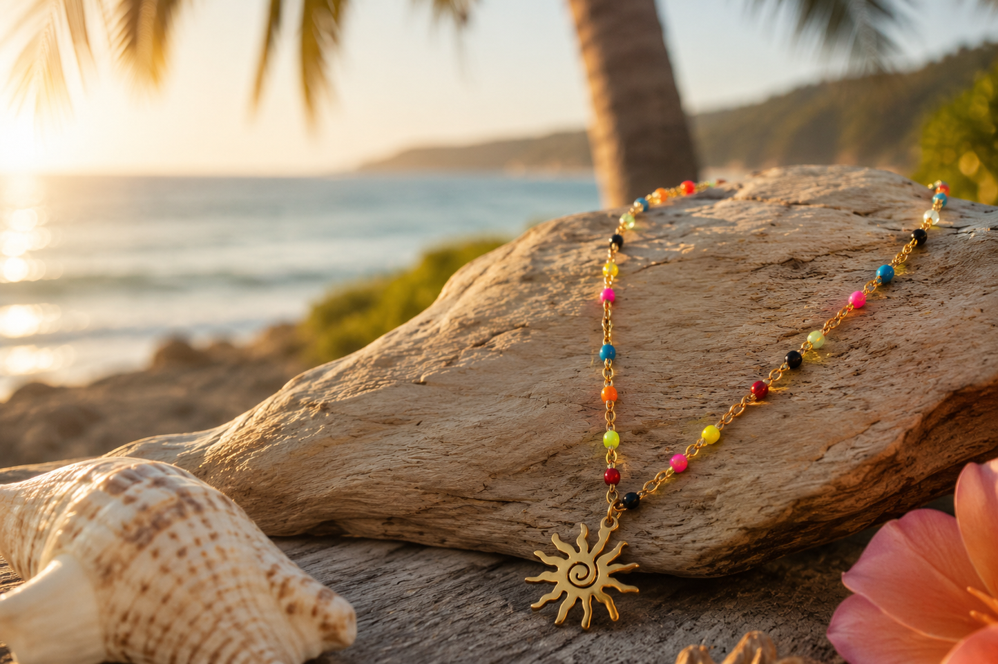 Gold and colorful beaded necklace with spiral sun pendant sitting on a beach rock next to seashells and a flower with a palm tree and beach in the background.