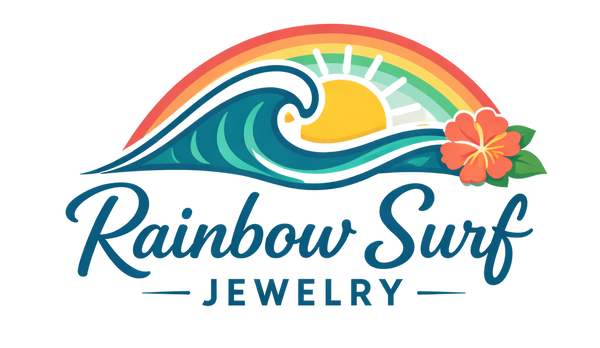 Logo of Rainbow Surf Jewelry with a wave, rainbow, and flower design on a white background.