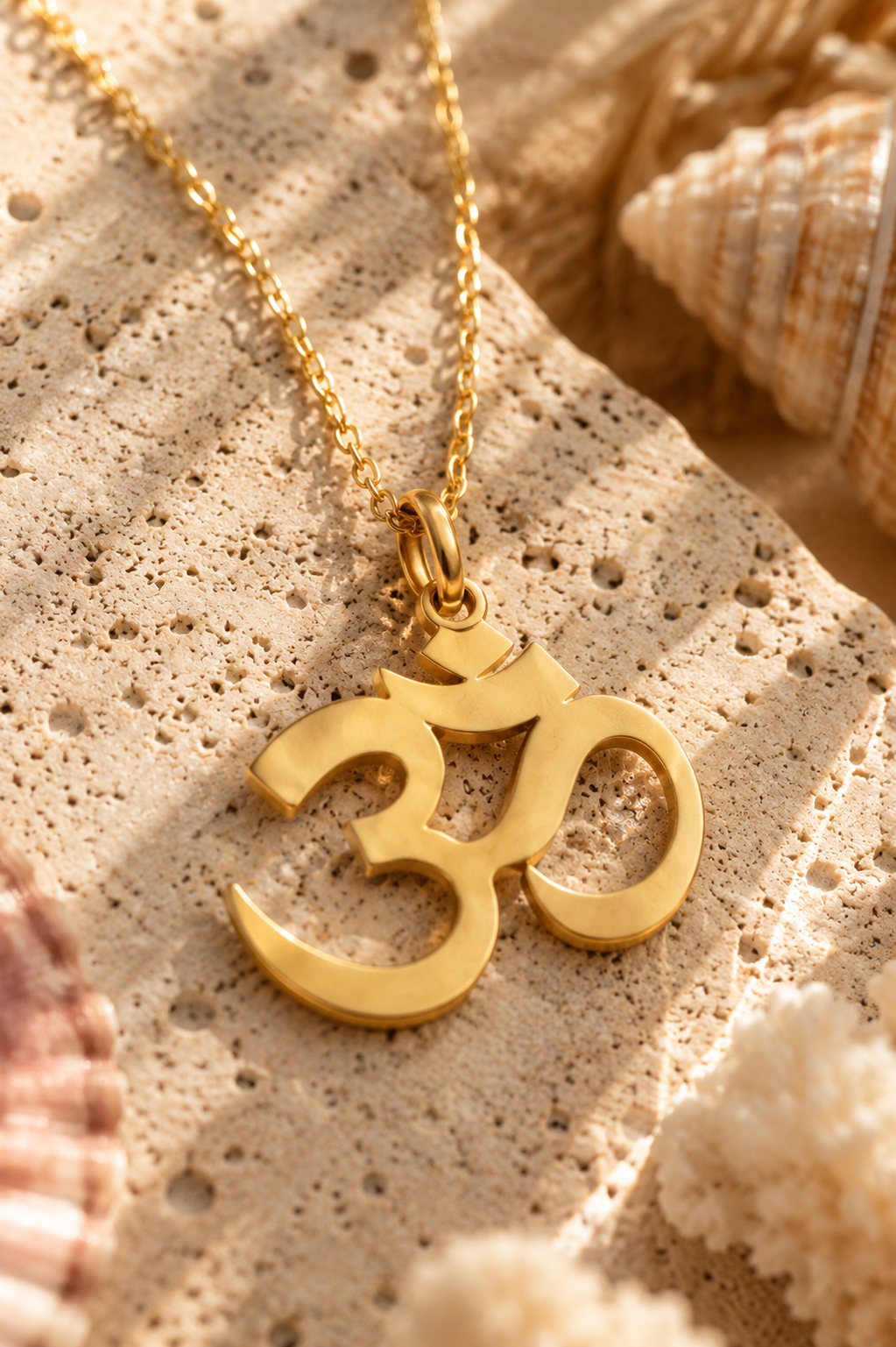 Gold chain with Om symbol surrounded by shells.