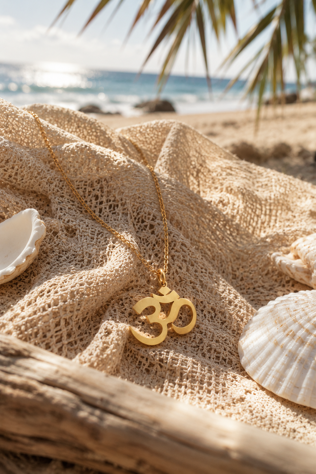 Gold necklace with Om pendant lying on beach mesh with shells and beach background.