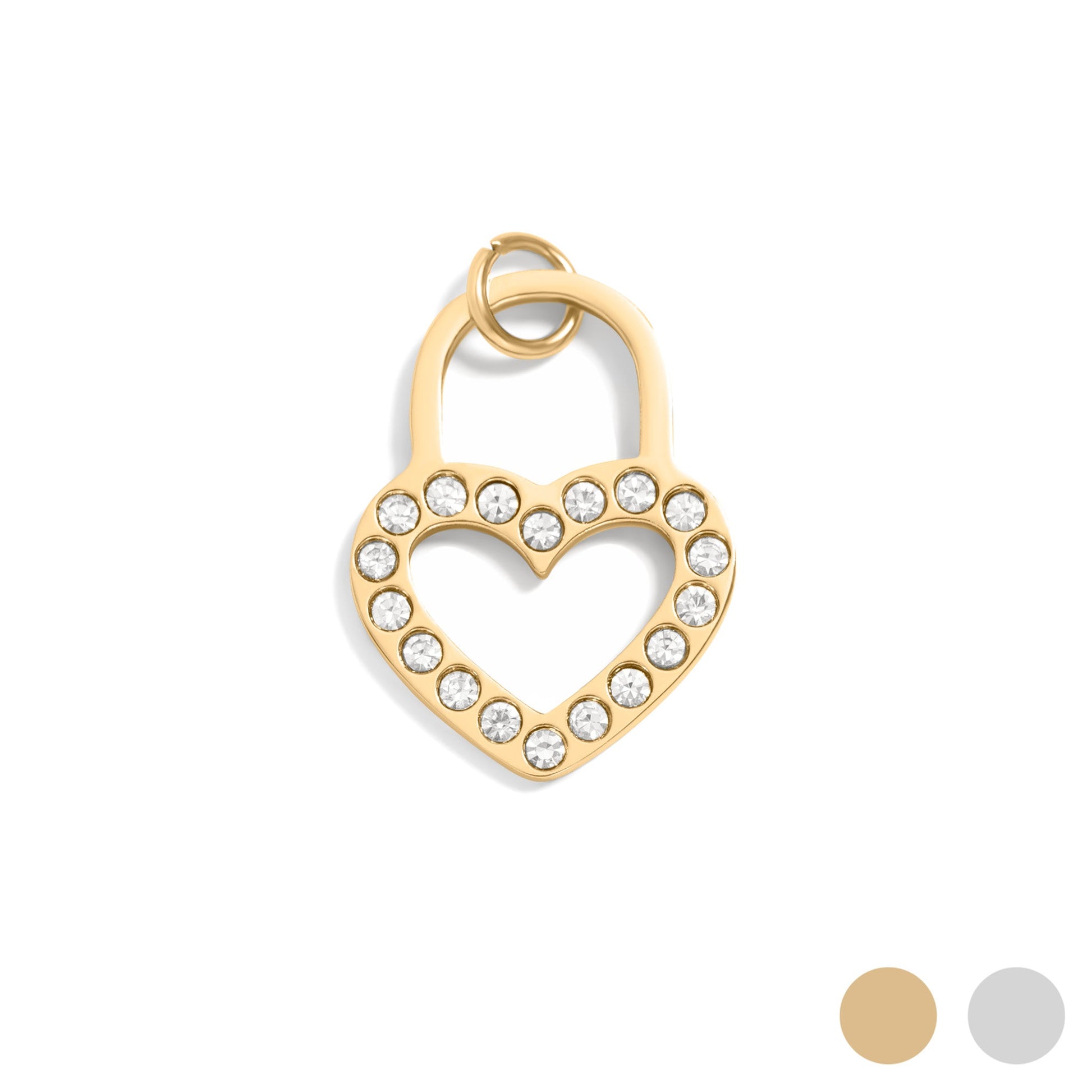 Gold heart-shaped padlock pendant with embedded stones on a white background