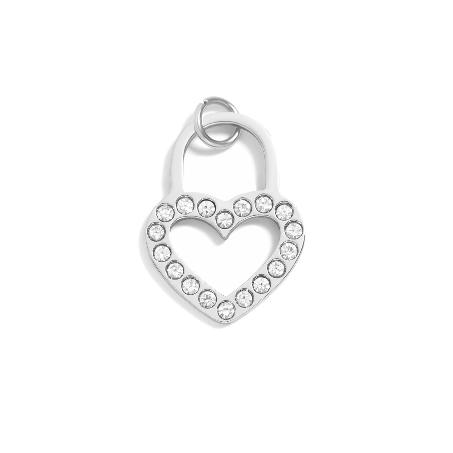 Silver heart-shaped padlock pendant with embedded diamonds on a white background