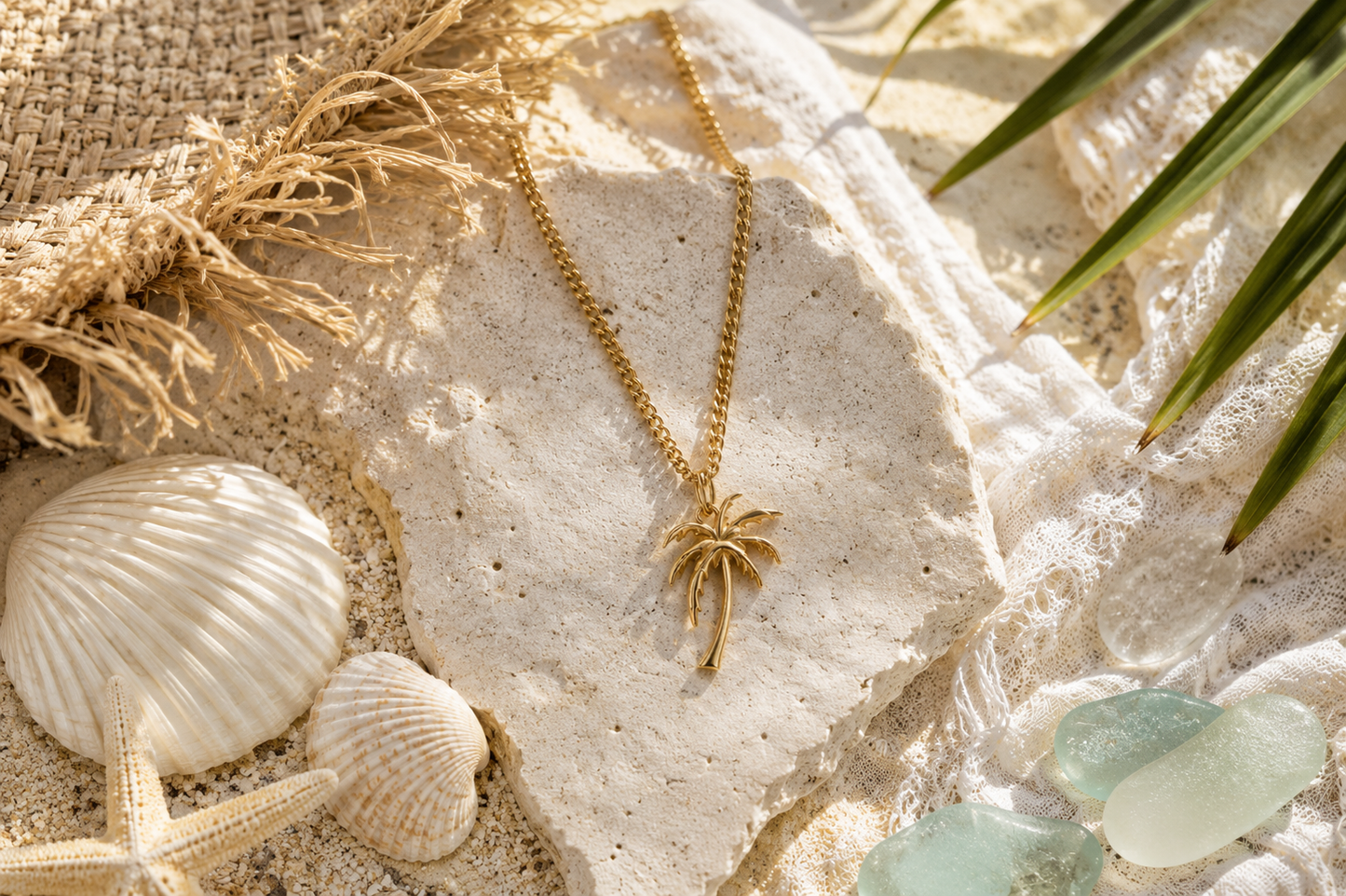 Gold chain with palm tree pendant lying next to a straw hat, sea glass, palm leaves, a starfish and seashells.