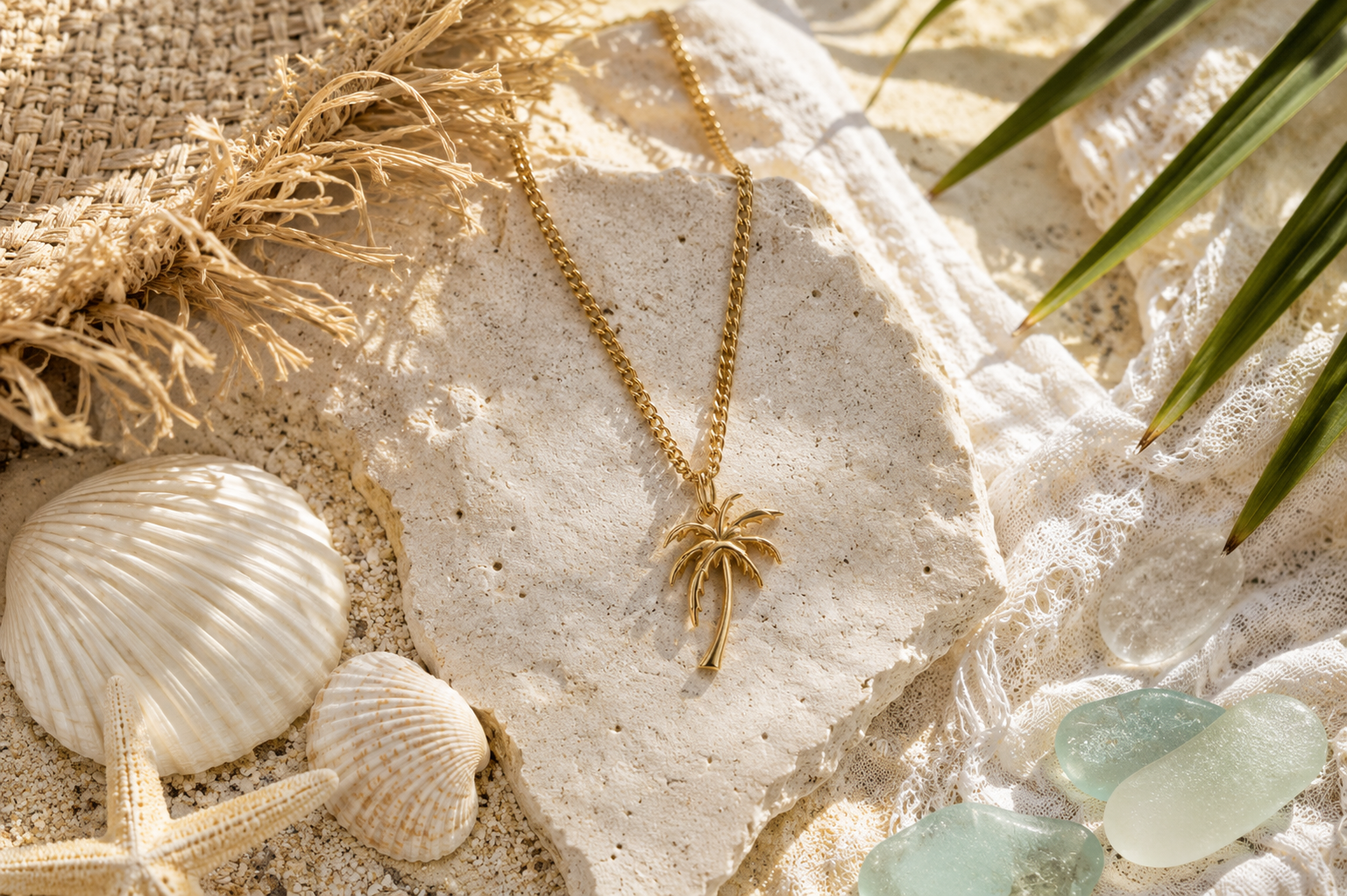 Gold chain with palm tree pendant lying next to a straw hat, sea glass, palm leaves, a starfish and seashells.