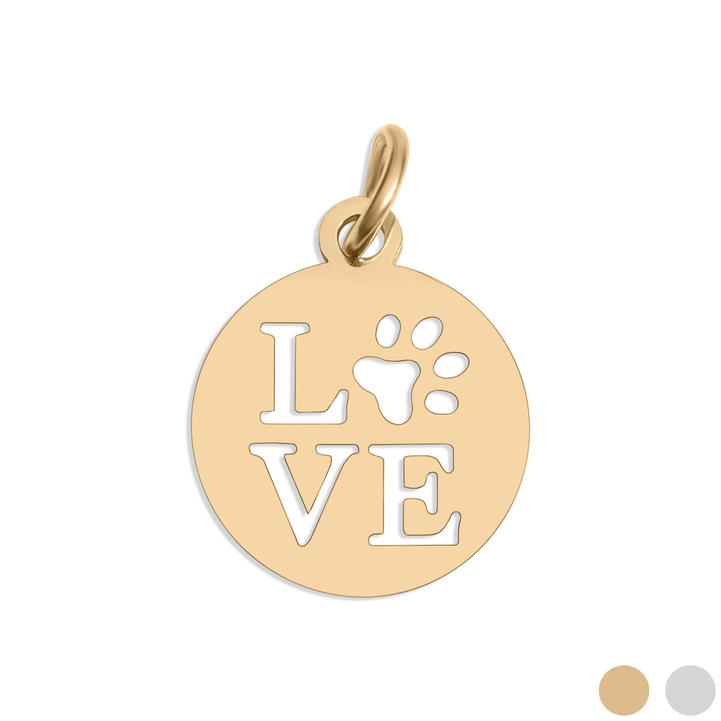 Gold round pendant with 'LOVE' engraving and a paw print on a white background