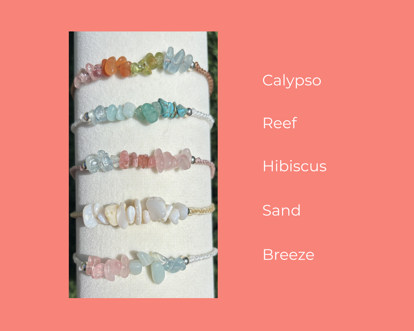 Set of colorful bracelets on a white card with color names on a pink background