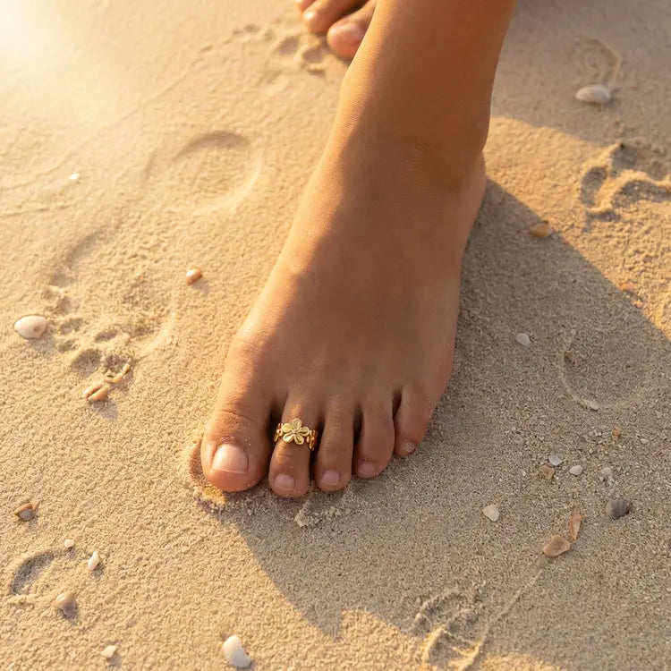 Foot with a gold plumeria toe ring on a sandy beach