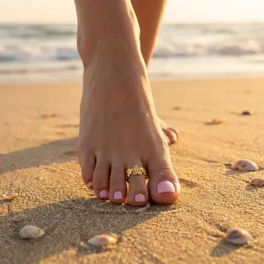 Foot with a gold plumeria toe ring on a sandy beach